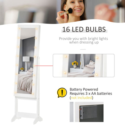 Lighted Jewelry Cabinet Mirrored Armoire Organizer Free Standing Storage for Necklaces Bracelets Rings Earrings Adjustable