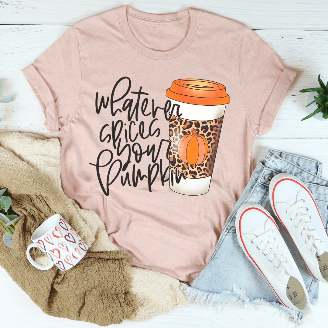 Light pink pumpkin coffee T-shirt with orange leopard pumpkin drink graphic