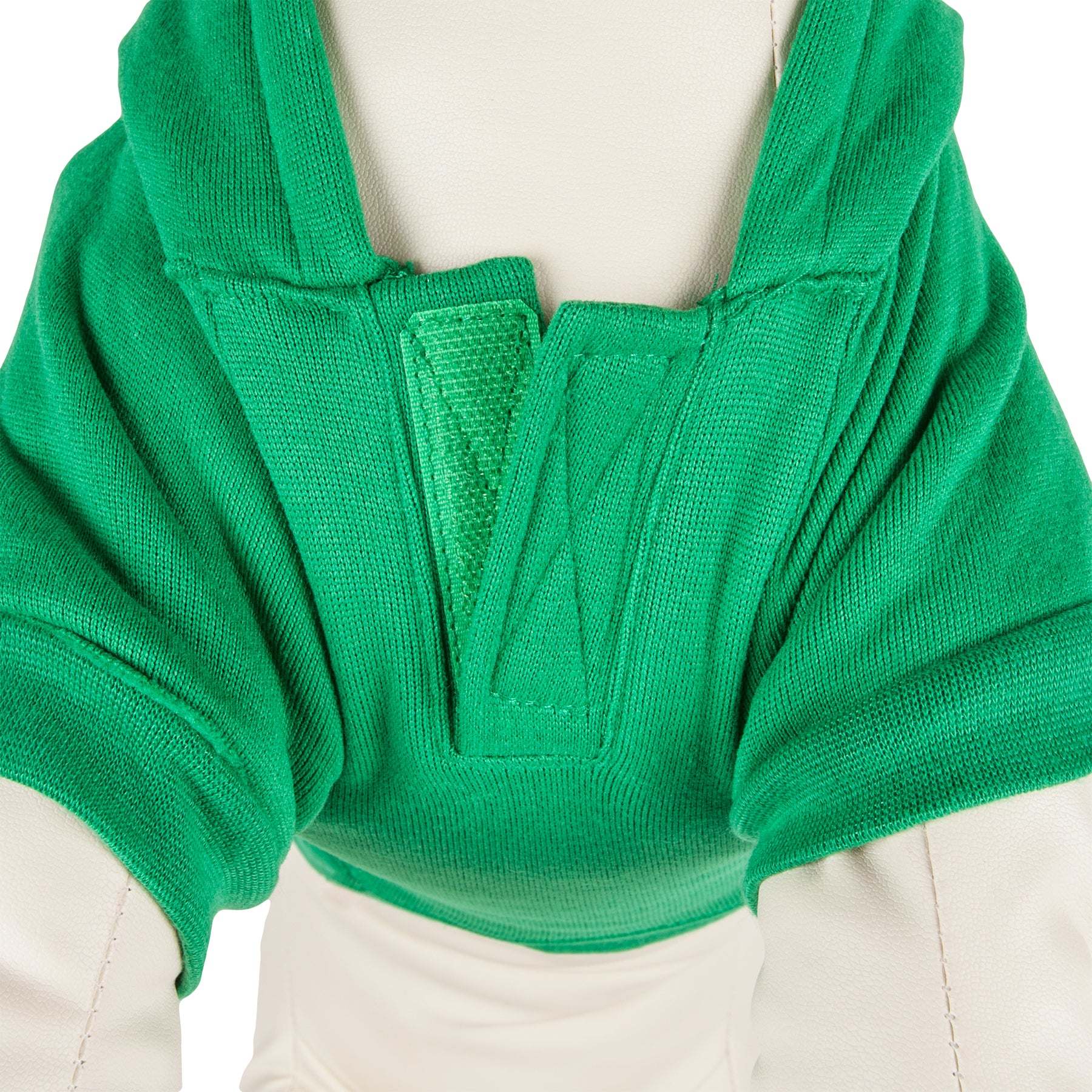 Green hooded pet sweater neckline with front pull-over closure and ribbed trim
