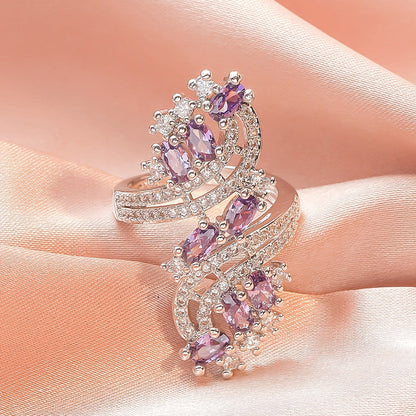 Amethyst zircon three-stone ring set, purple oval stones in pavé silver setting
