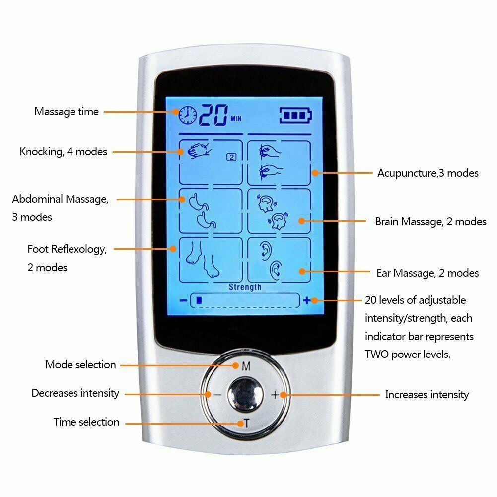 Massage therapy control unit with blue display and mode and intensity buttons