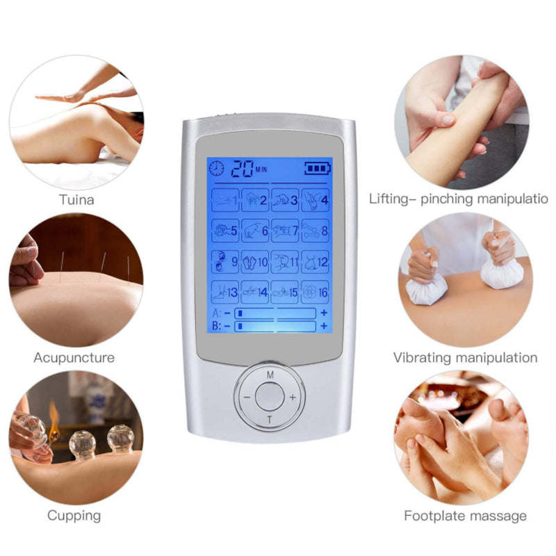 Sore No More relaxer device with blue display and massage mode icons
