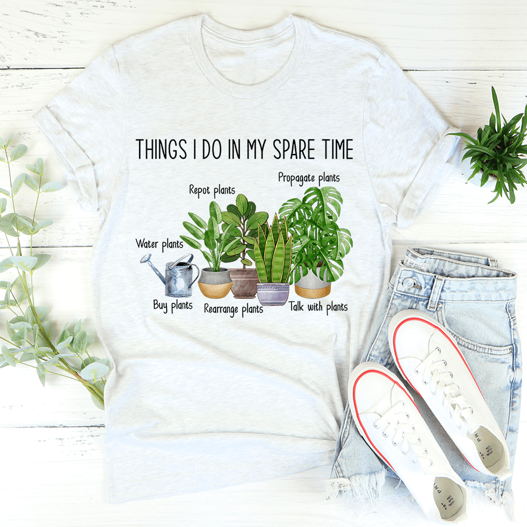 White T-shirt with plant graphic reading 'Things I Do In My Spare Time'