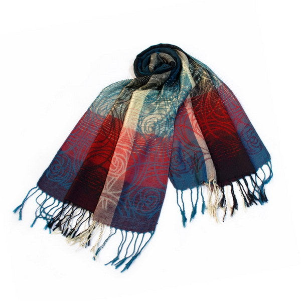 Blancho Bedding pashmina shawl in teal, red, and cream with tassel fringe and ornate motif