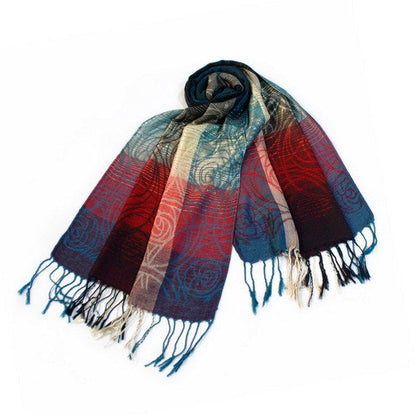 Blancho Bedding pashmina shawl in teal, red, and cream with tassel fringe and ornate motif