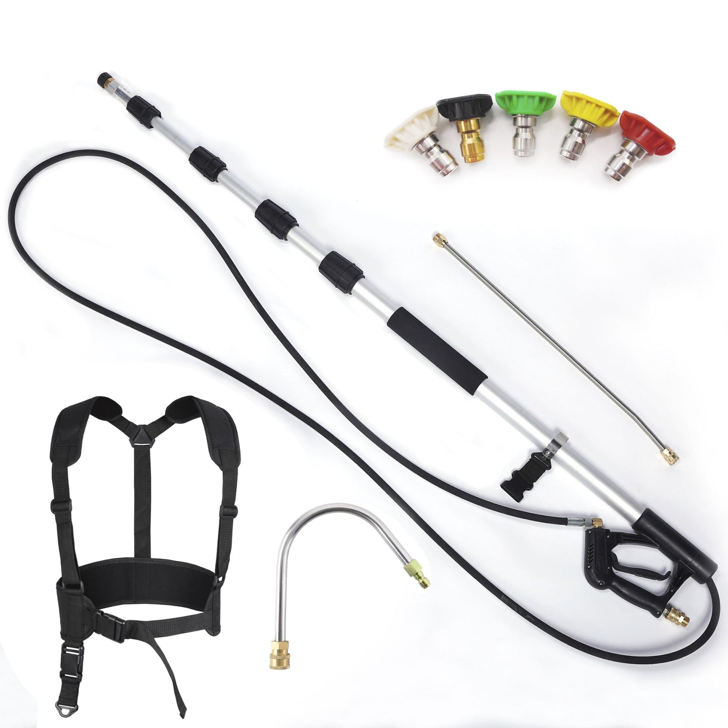 Telescoping pressure washer extension wand set with black-and-white sections, hose, and connectors