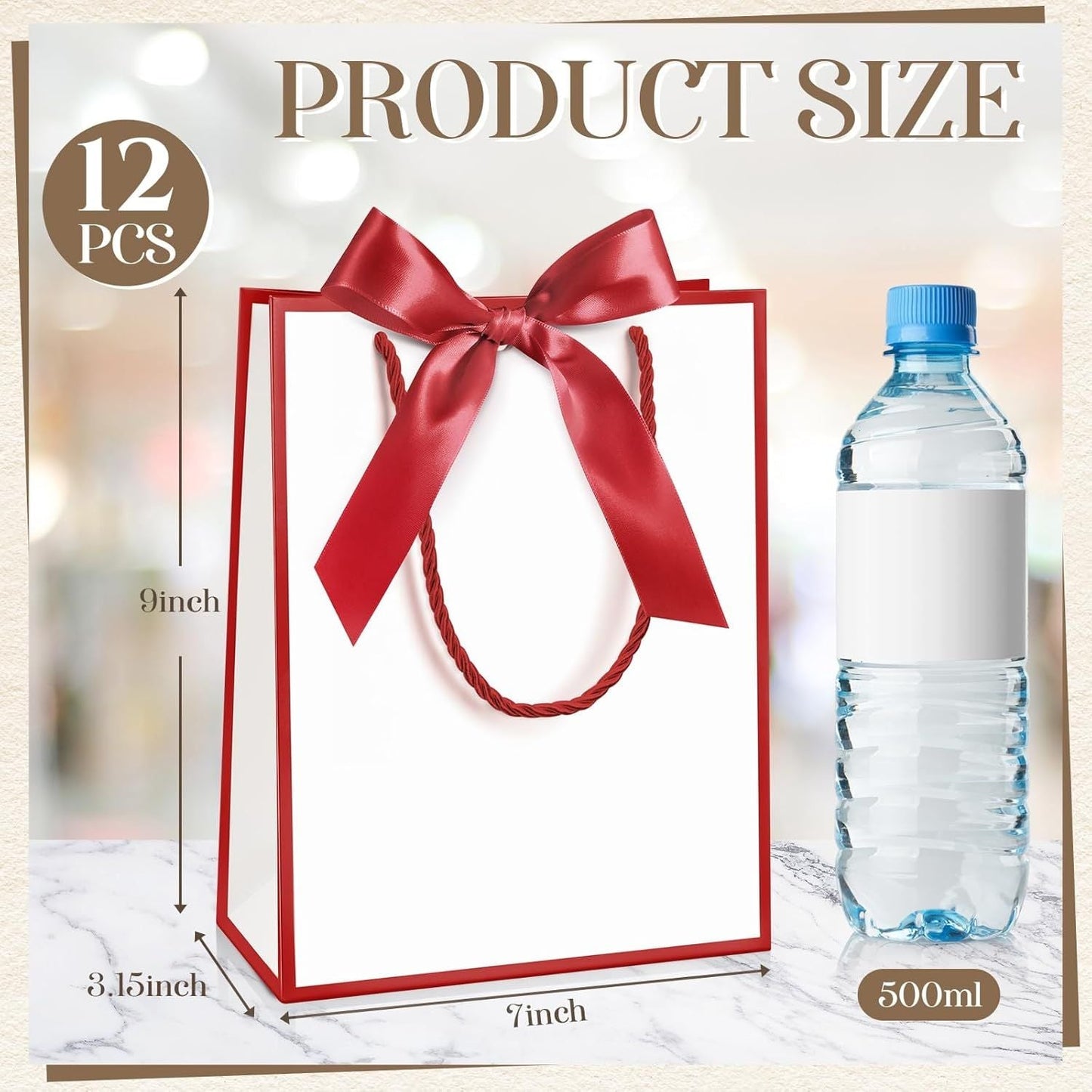 12/24 Pack Paper Gift Bags with Handle 9x7x3.15'' Thank You Gift Bags with Bow Ribbon for Holiday Valentines Wedding Bridal Baby Shower Birthday Party