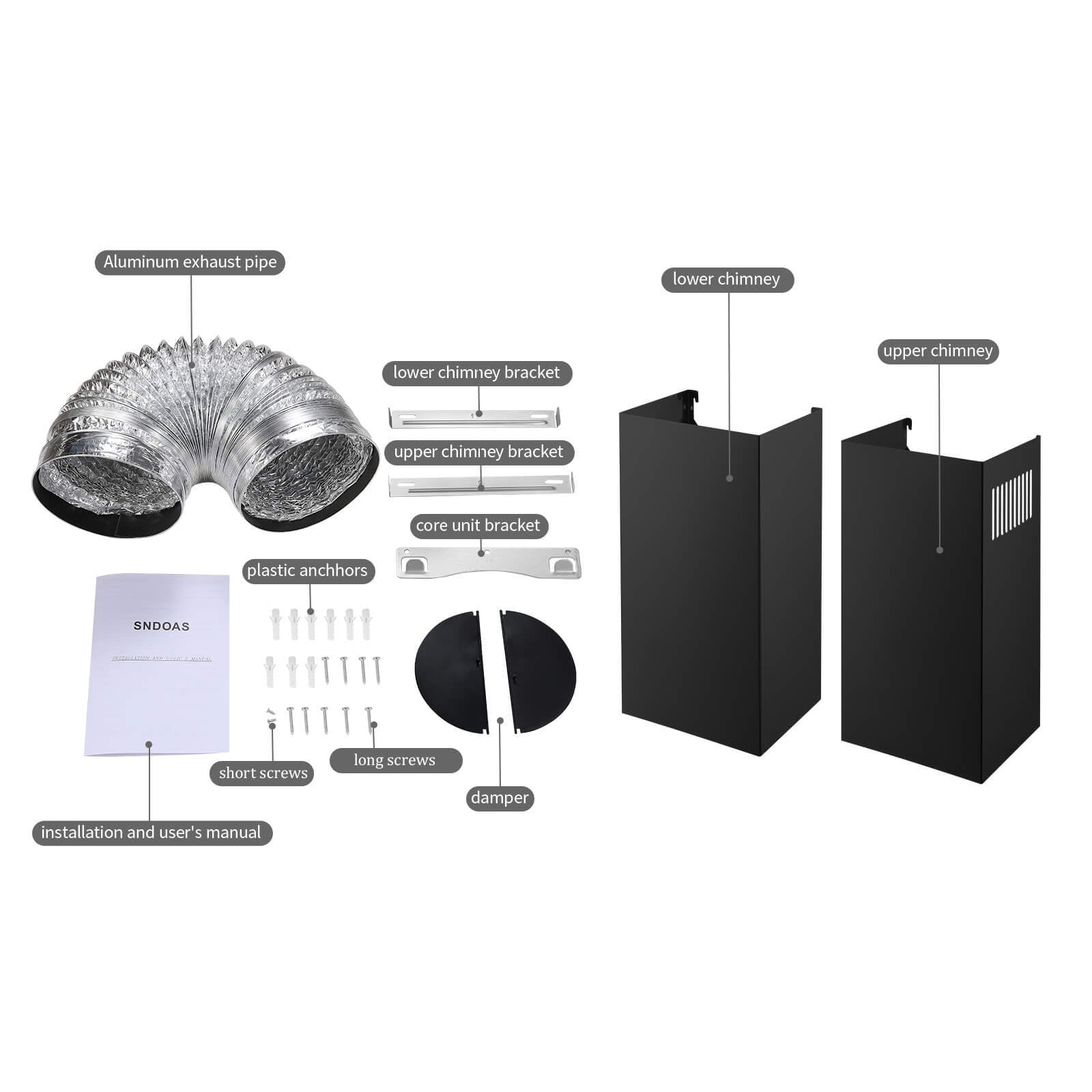 Wall mount range hood installation kit: aluminum duct, chimney, brackets, screws, anchors.