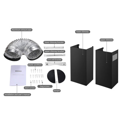 Wall mount range hood installation kit: aluminum duct, chimney, brackets, screws, anchors.