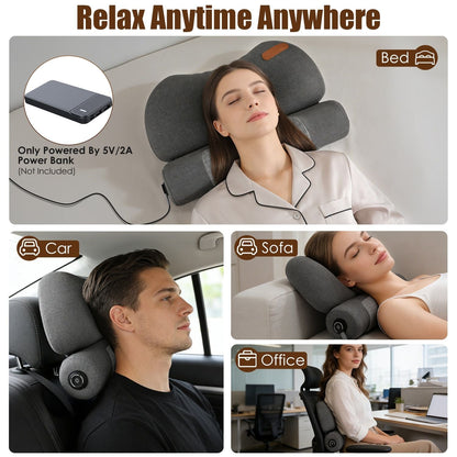 Dark grey heated neck pillow shown on bed and seated use