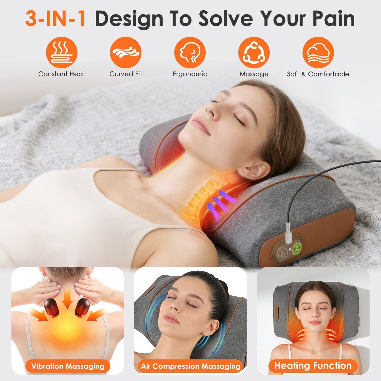 3-in-1 neck massager pillow with visible heating pads on shoulders, dark grey cover