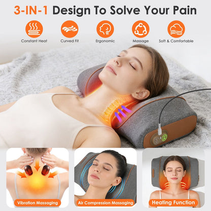 3-in-1 neck massager pillow with visible heating pads on shoulders, dark grey cover