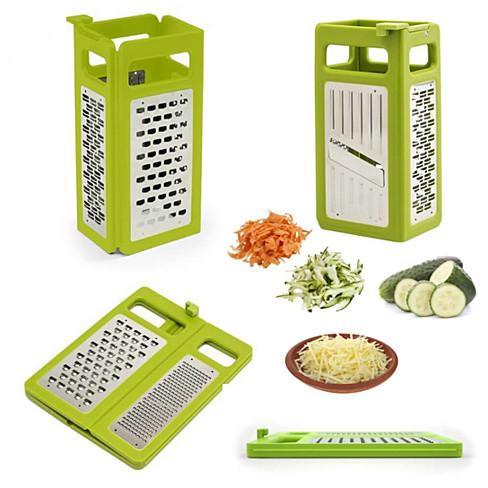 Foldable slicer and grater in green with grating and slicing inserts