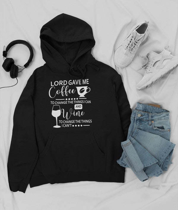 Black coffee hoodie with front 'Lord Gave Me Coffee' graphic