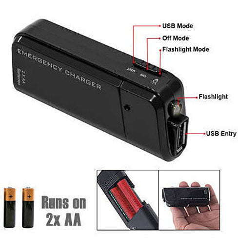 Black emergency power bank charger with flashlight and USB port, mode controls