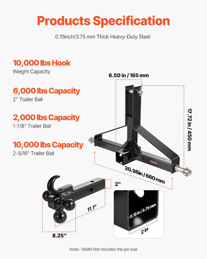 VEVOR 3-point trailer hitch specification diagram for 2 in receiver and trailer balls