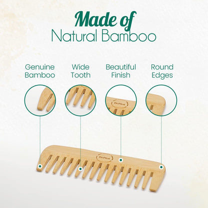 Natural bamboo comb with wide teeth on a wood handle, angled view