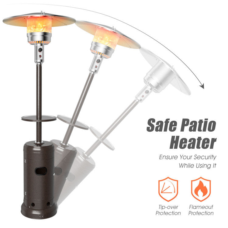 Propane patio heater shown at angle with safety-focused base design