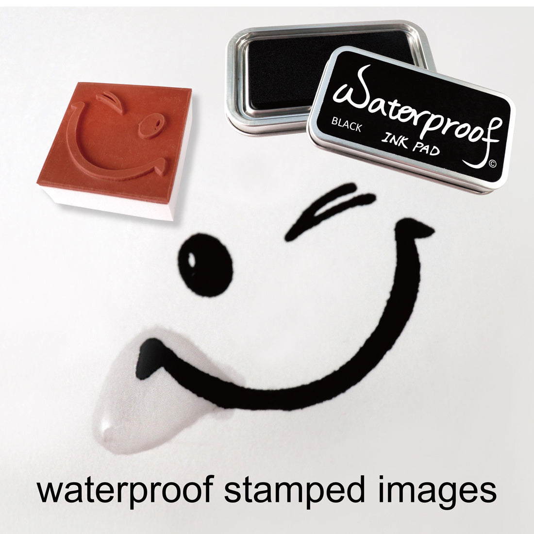 Black waterproof ink pad with inked stamp sample