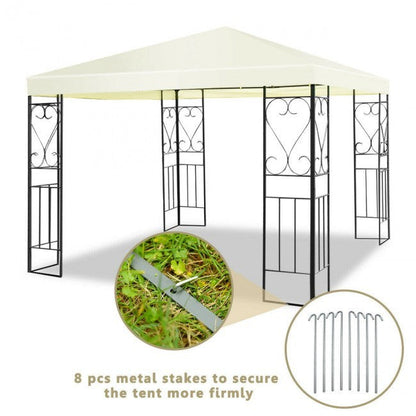 Cream-roof patio gazebo canopy tent with black frame and metal ground stakes