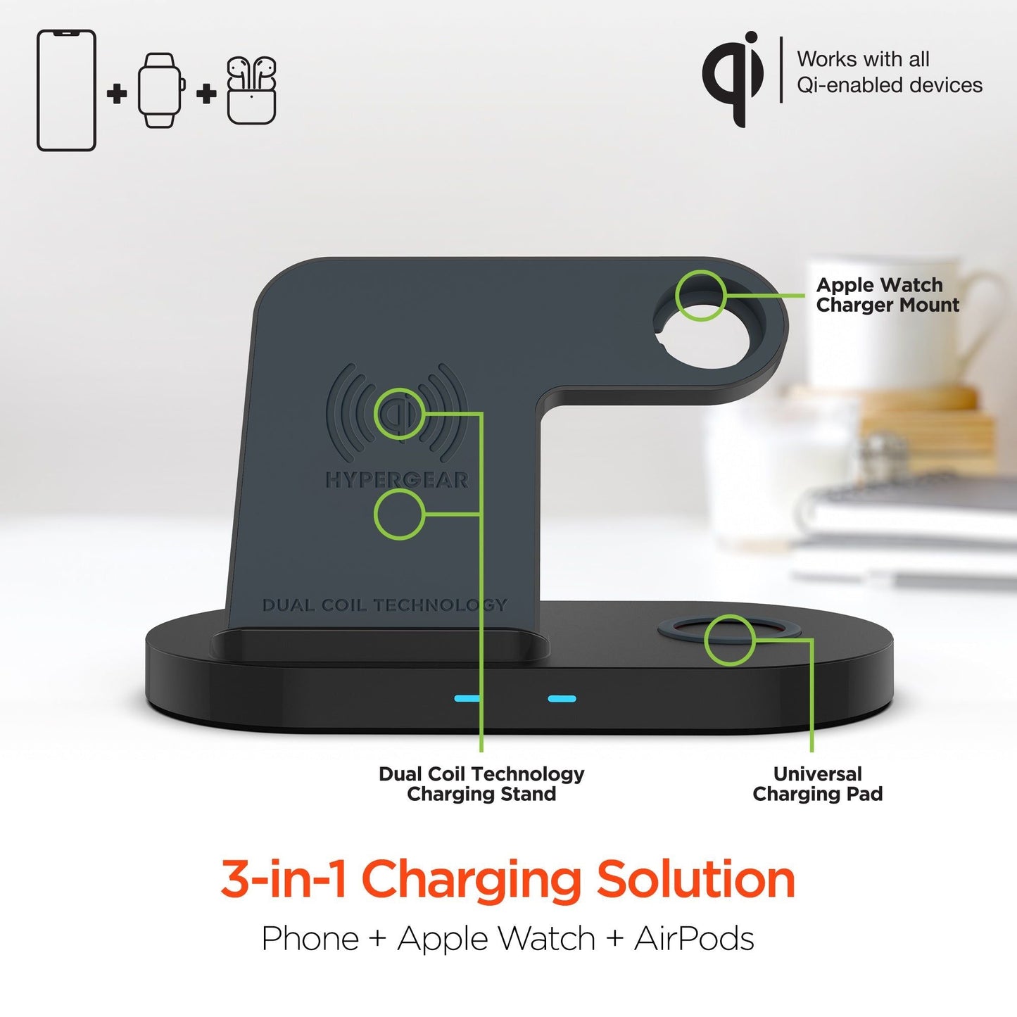 HyperGear 3-in-1 Wireless Charging Dock Black