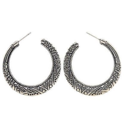 Silver-tone hoop earrings with engraved dome half-ring and decorative dot scrolls