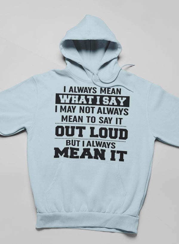 Light blue hoodie with large back text graphic, front pocket and hood
