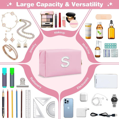 Bride Gifts – Personalized Initial Makeup Bag with Pearl Rhinestone Patch, Preppy Pink Monogram Cosmetic/Toiletry Pouch, bridesmaid Gifts, Bridal Shower Gifts, Wedding Gifts, Bridal Gifts,S