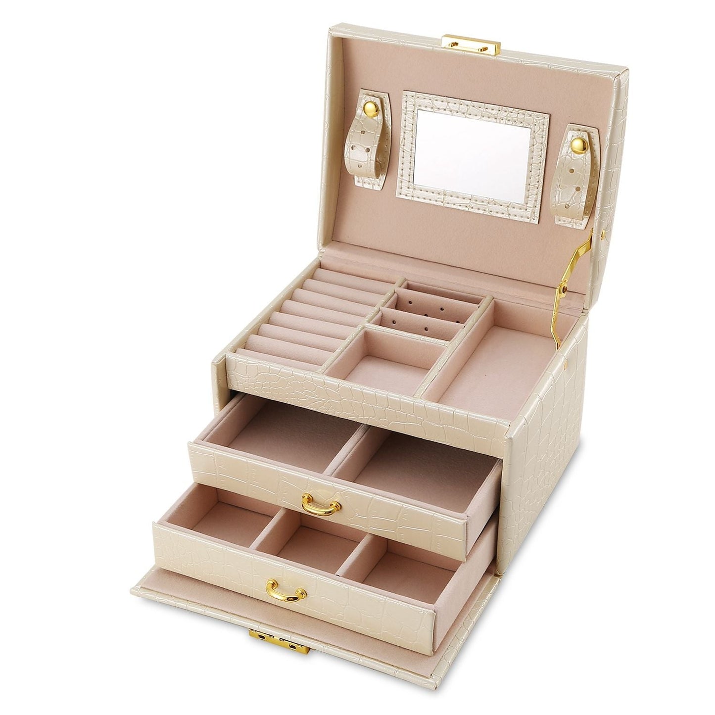 Jewelry Case Organizer 3-layer Lockable Travel Jewelry Box PU Leather Storage Display Case with Mirror Protective