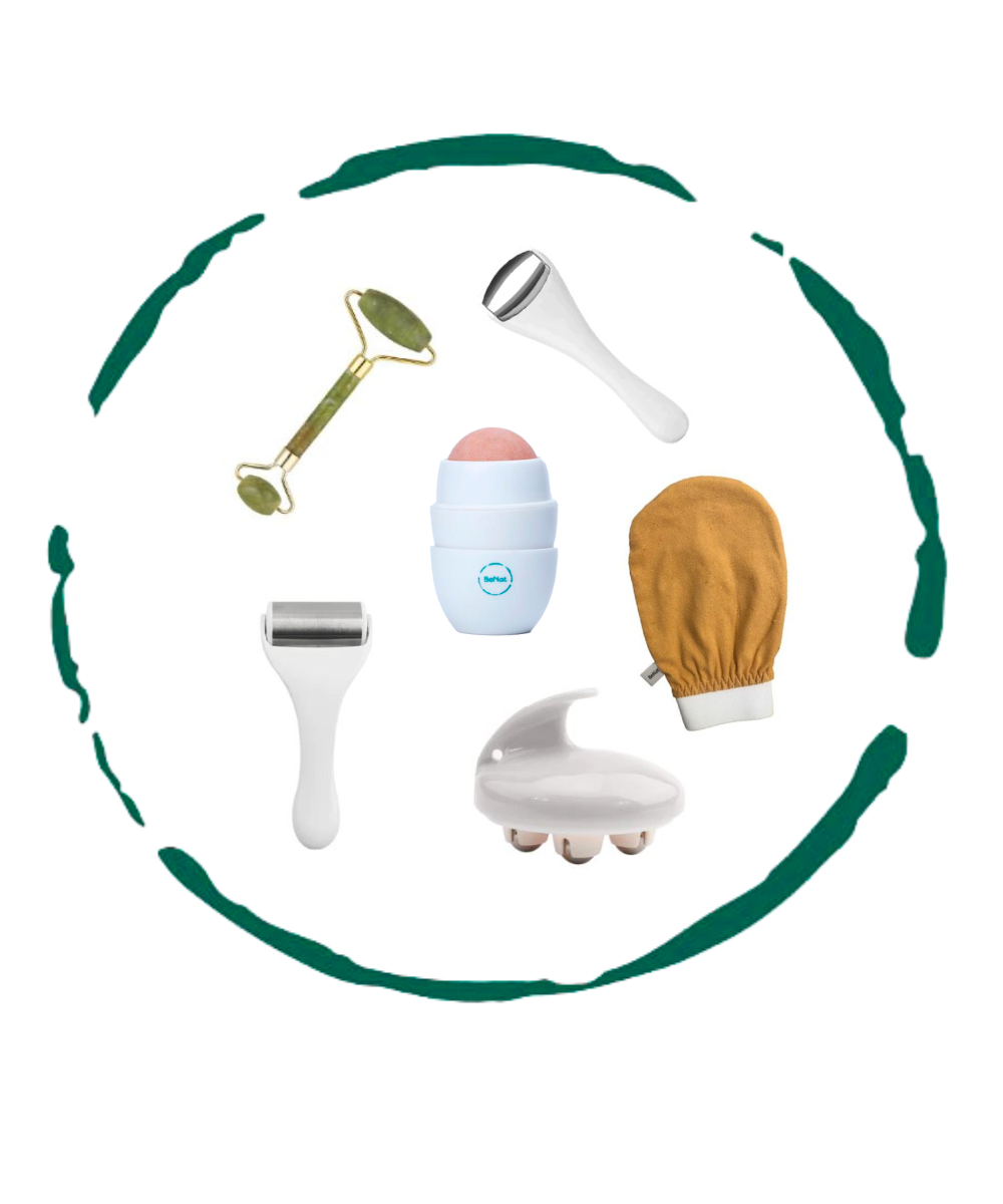 6-piece skincare accessory set with facial rollers, massager, mitt, and applicator heads