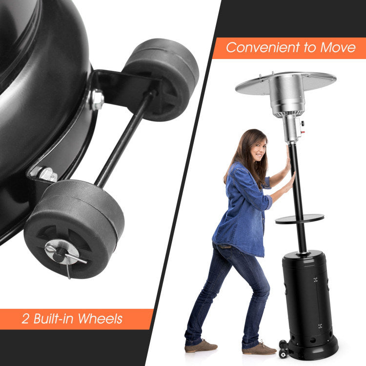 Black propane patio heater with two built-in wheels and tall pole with burner