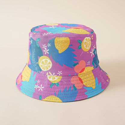 Purple fisherman hat with fruit and lemon print, wide brim, breathable fabric