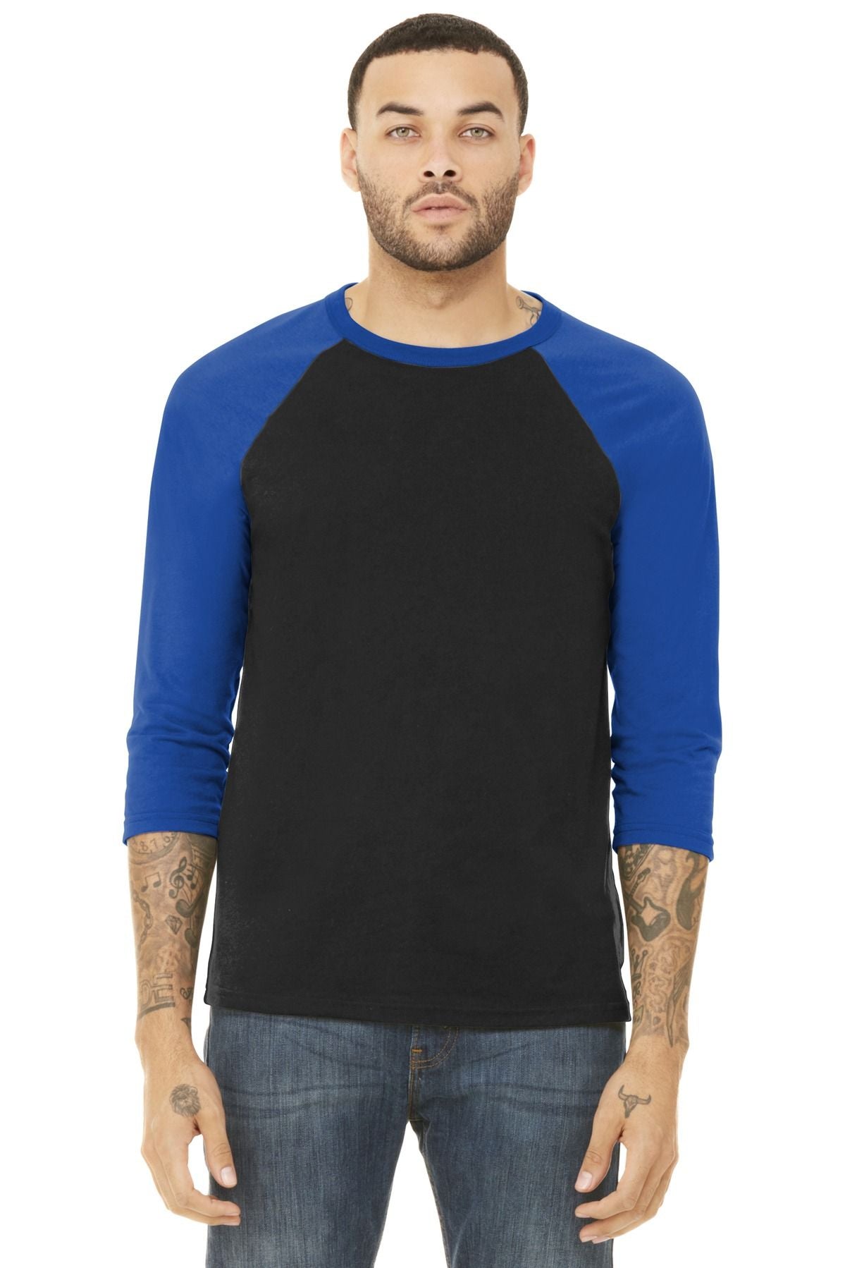 Unisex 3/4-sleeve baseball tee, black body with royal blue raglan sleeves
