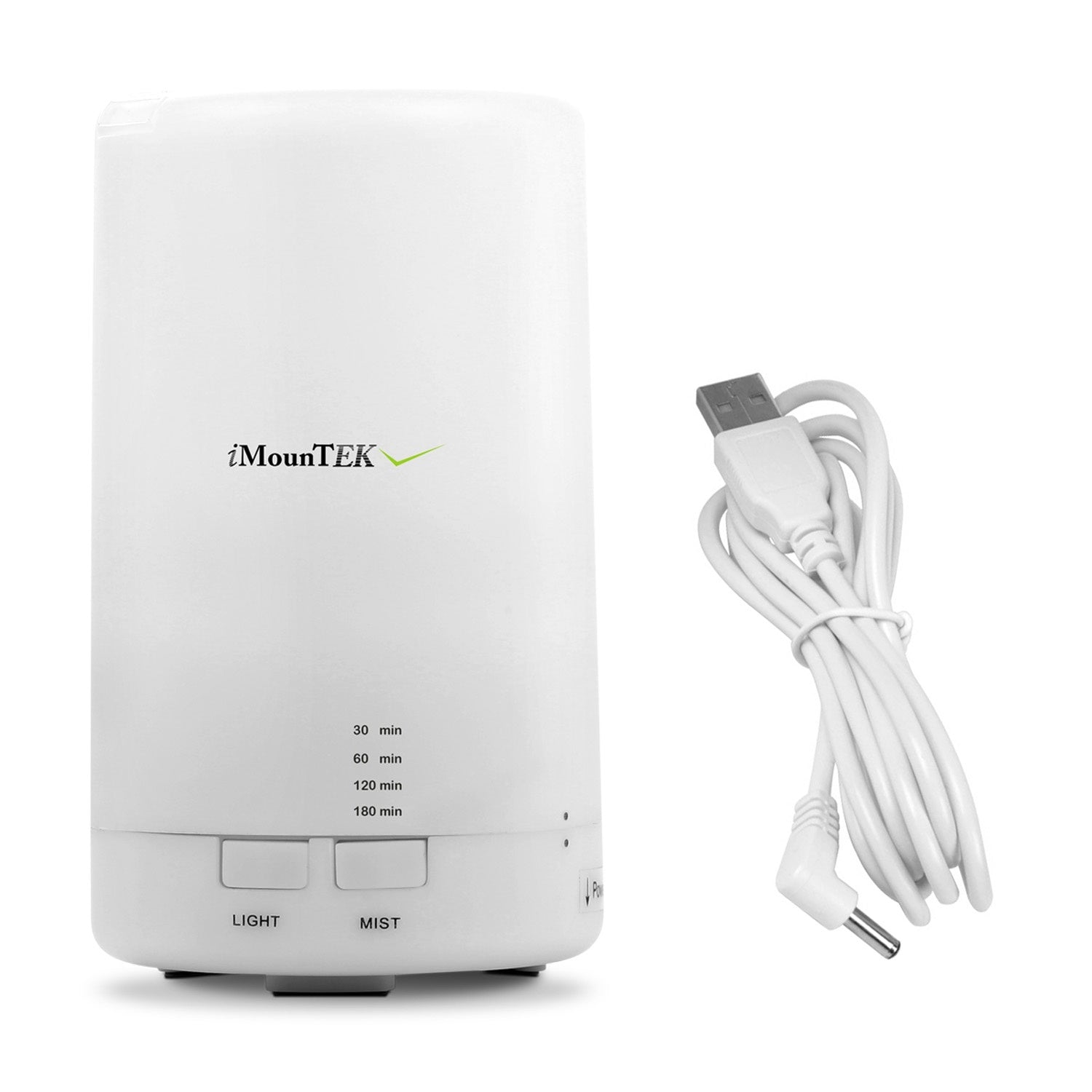 White ultrasonic aroma diffuser with LIGHT/MIST buttons and attached power cord