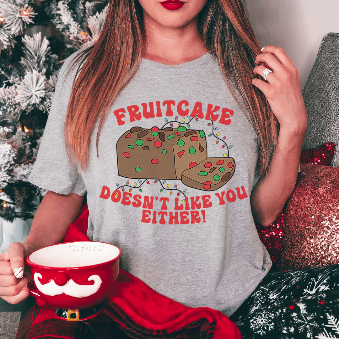 Heather gray short-sleeve T-shirt with fruitcake cartoon and red slogan print