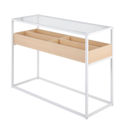 Display Contemporary Console Table in White Metal, Natural Wood, and Clear Glass by