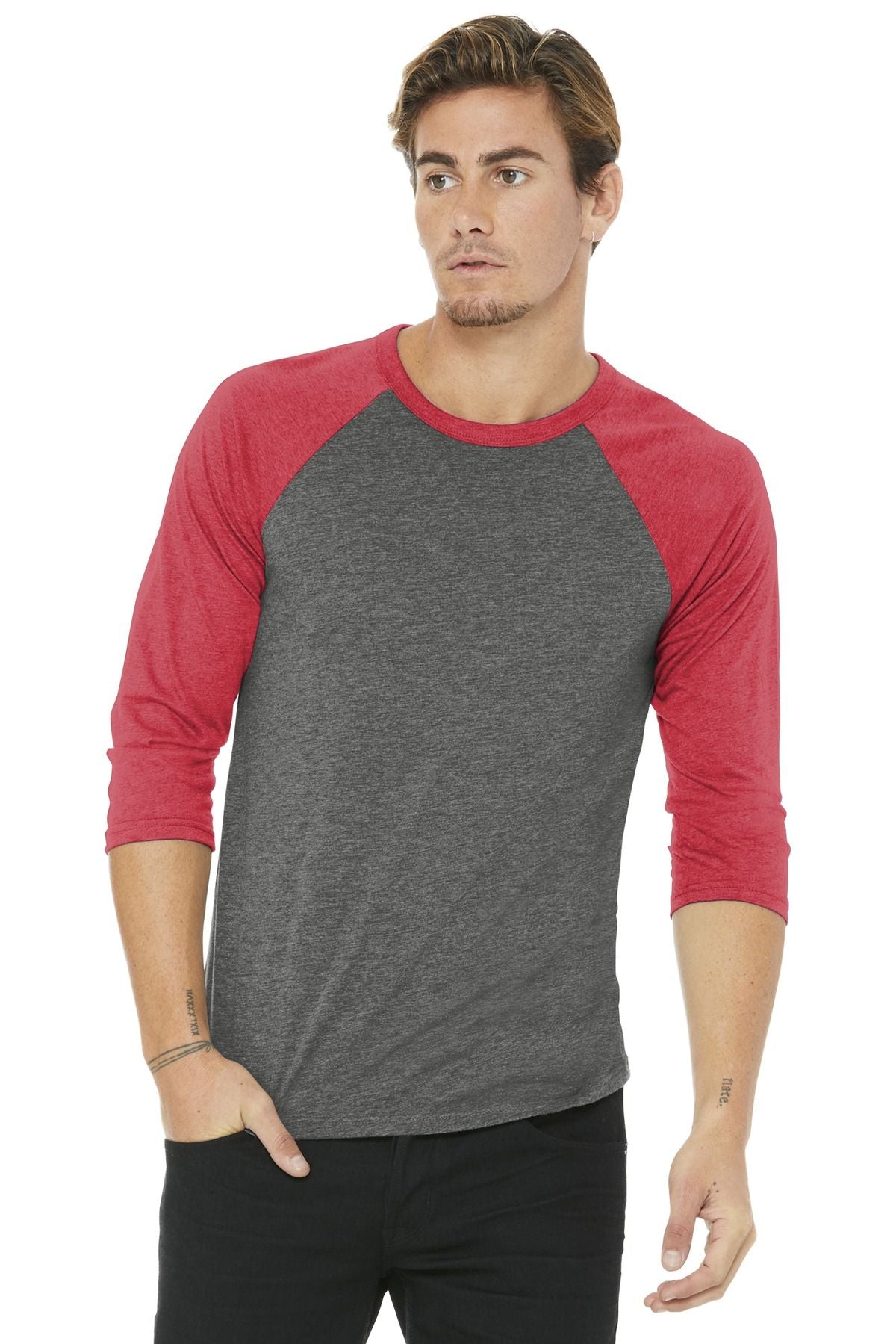 Unisex 3/4-sleeve baseball raglan tee, heather gray body with red sleeves and ribbed collar.