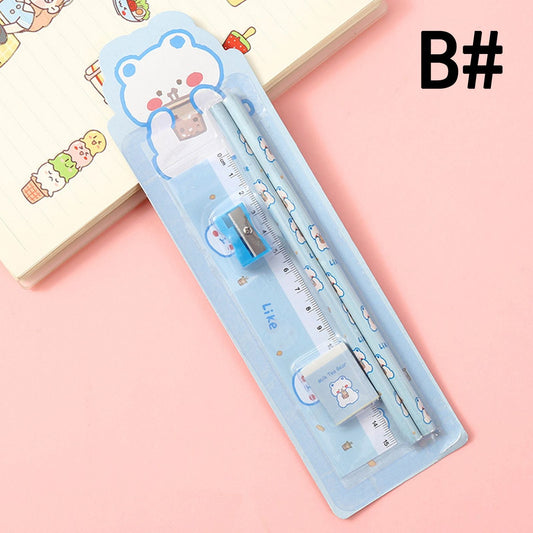 Cartoon pencil set in blue blister, ruler and pencil with character print