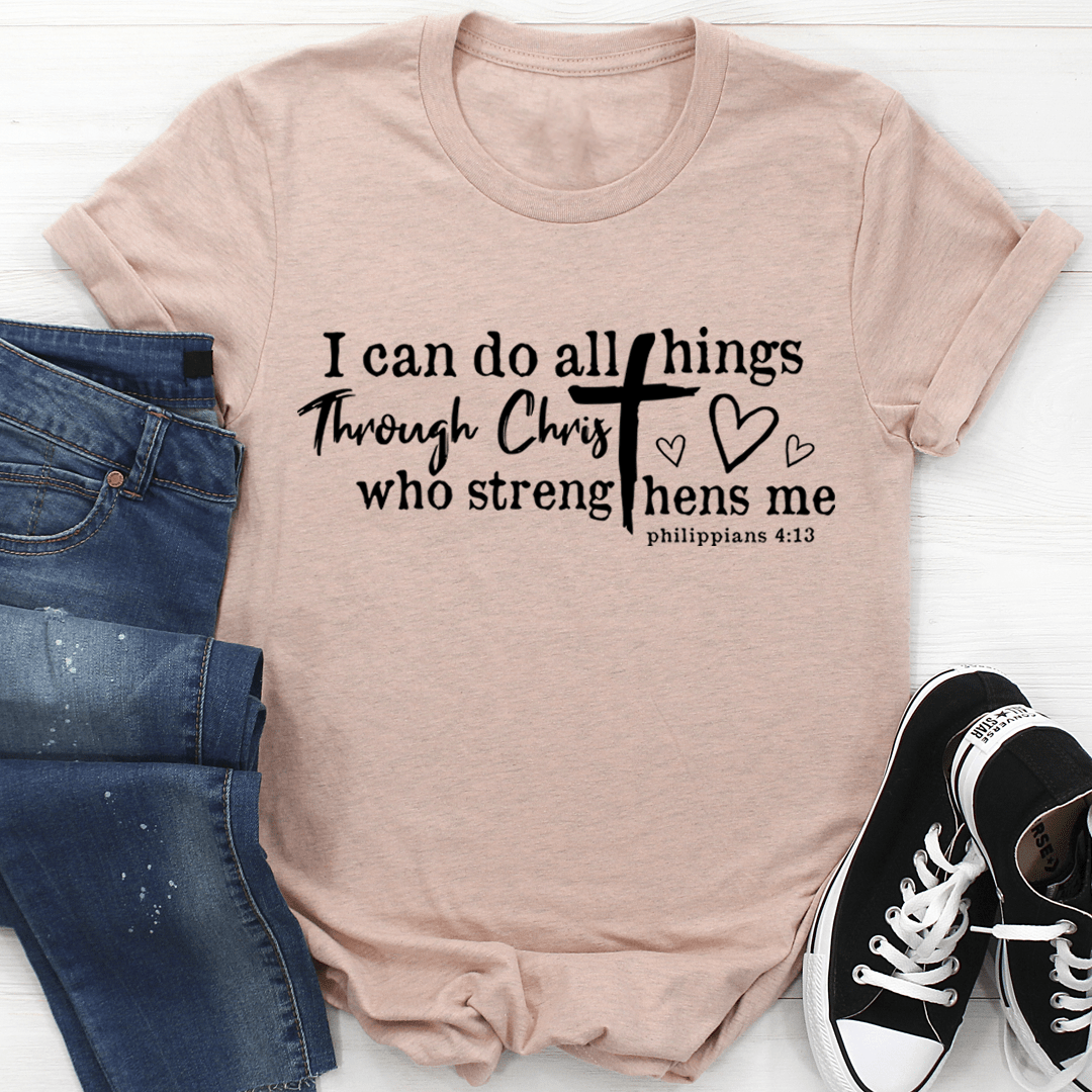 Peach crewneck T-shirt with Christian quote and hearts graphic centered on front