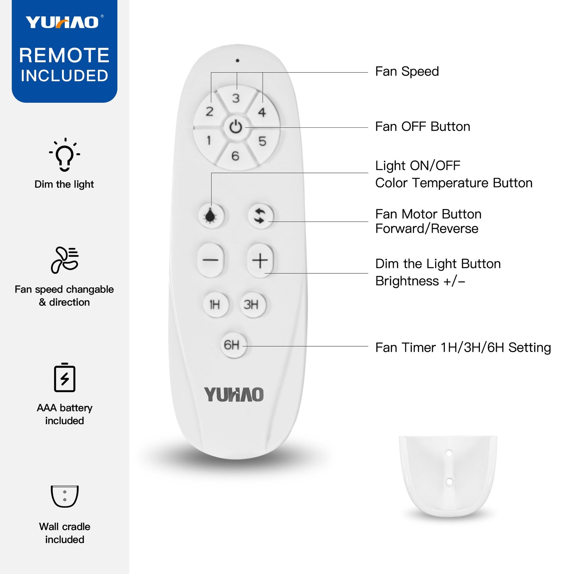 White ceiling fan remote control with fan speed and light settings buttons