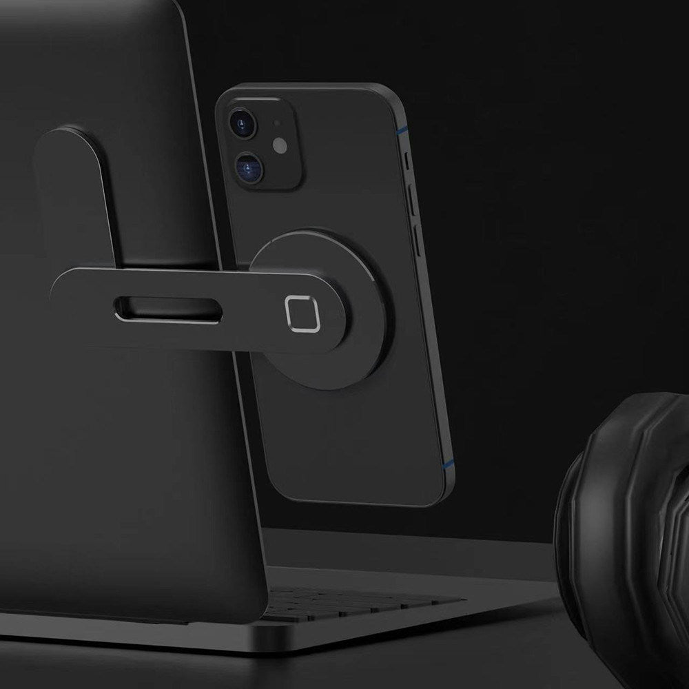 Dark magnetic phone holder extension rack with circular mount and sliding arm.
