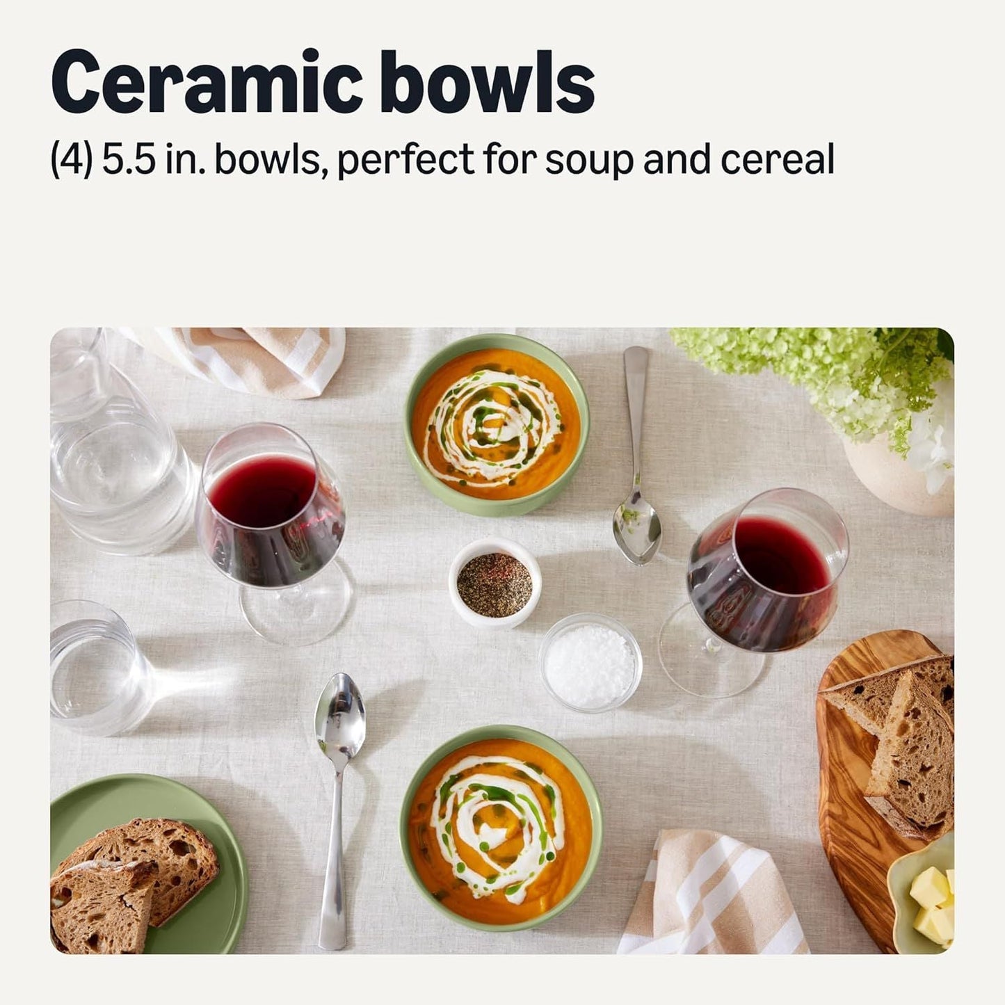 Basics Glazed Stoneware Bowls, 4-Piece Set, Microwave and Dishwasher-Safe, 20 oz. Capacity, 5.5 in., Olive