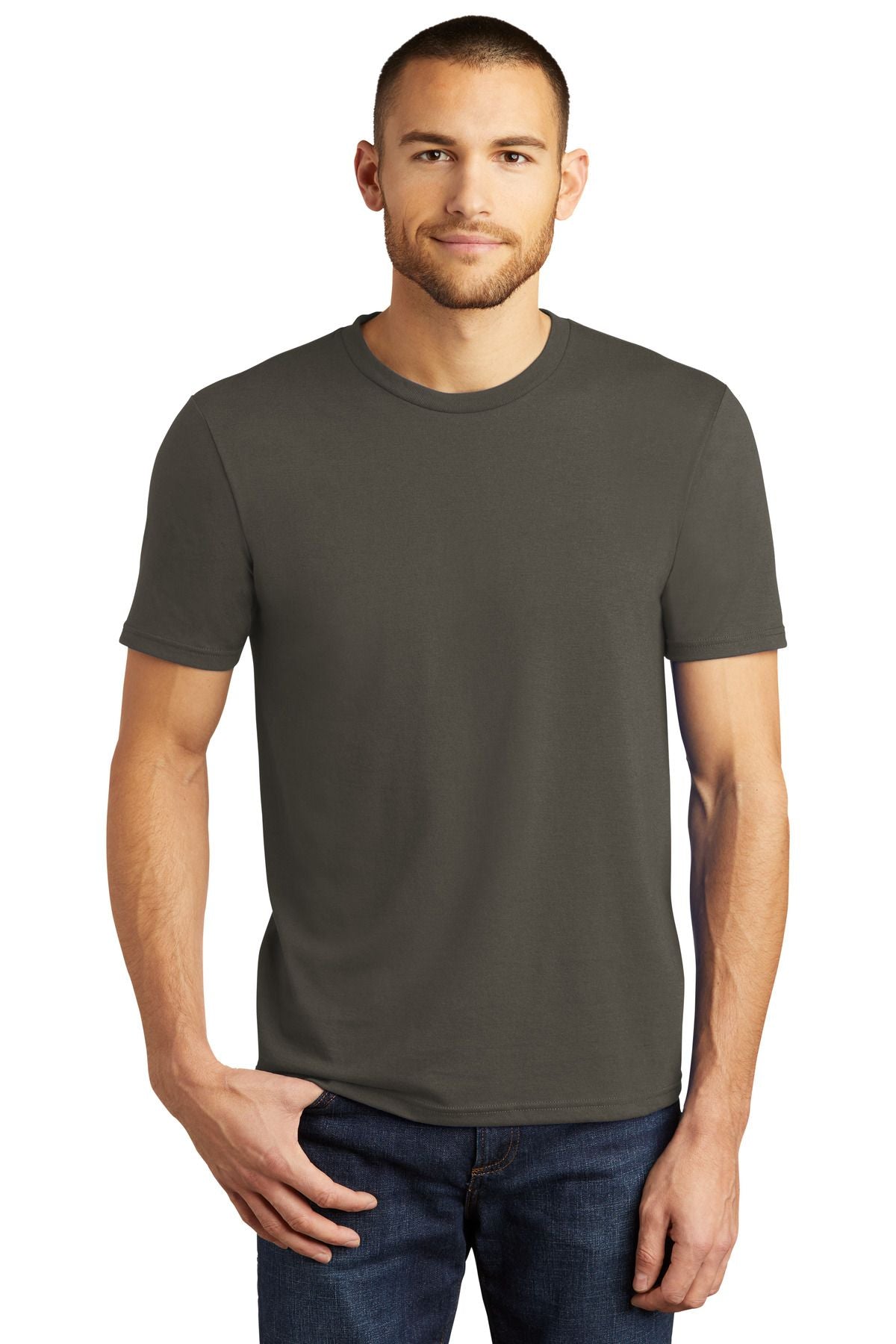 Dark gray short-sleeve tri-blend T-shirt, crew neck
