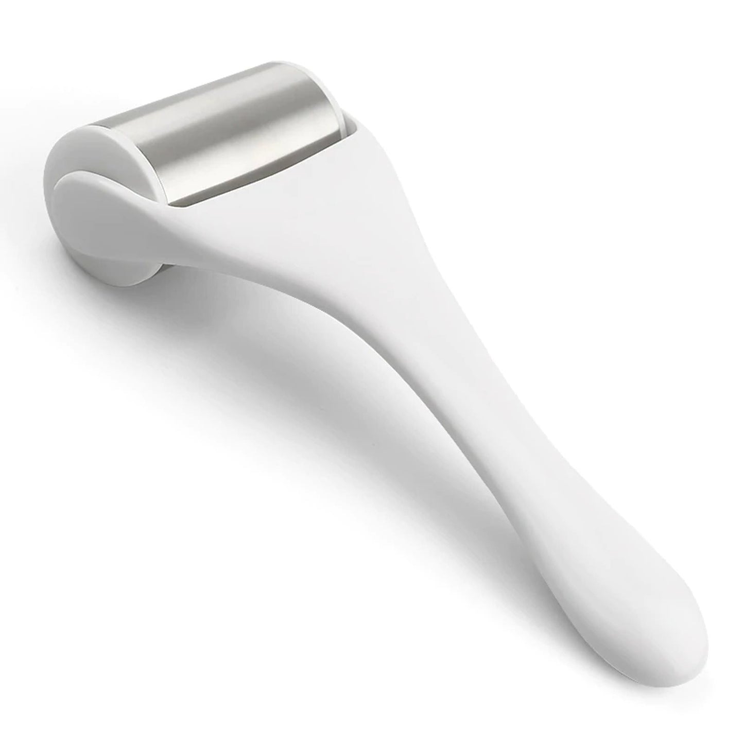 Body massage ice roller close-up with silver roller head and white handle