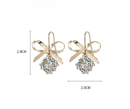 Gold-tone bow drop earrings with round zircon stones, 2.4cm long, 2.0cm wide