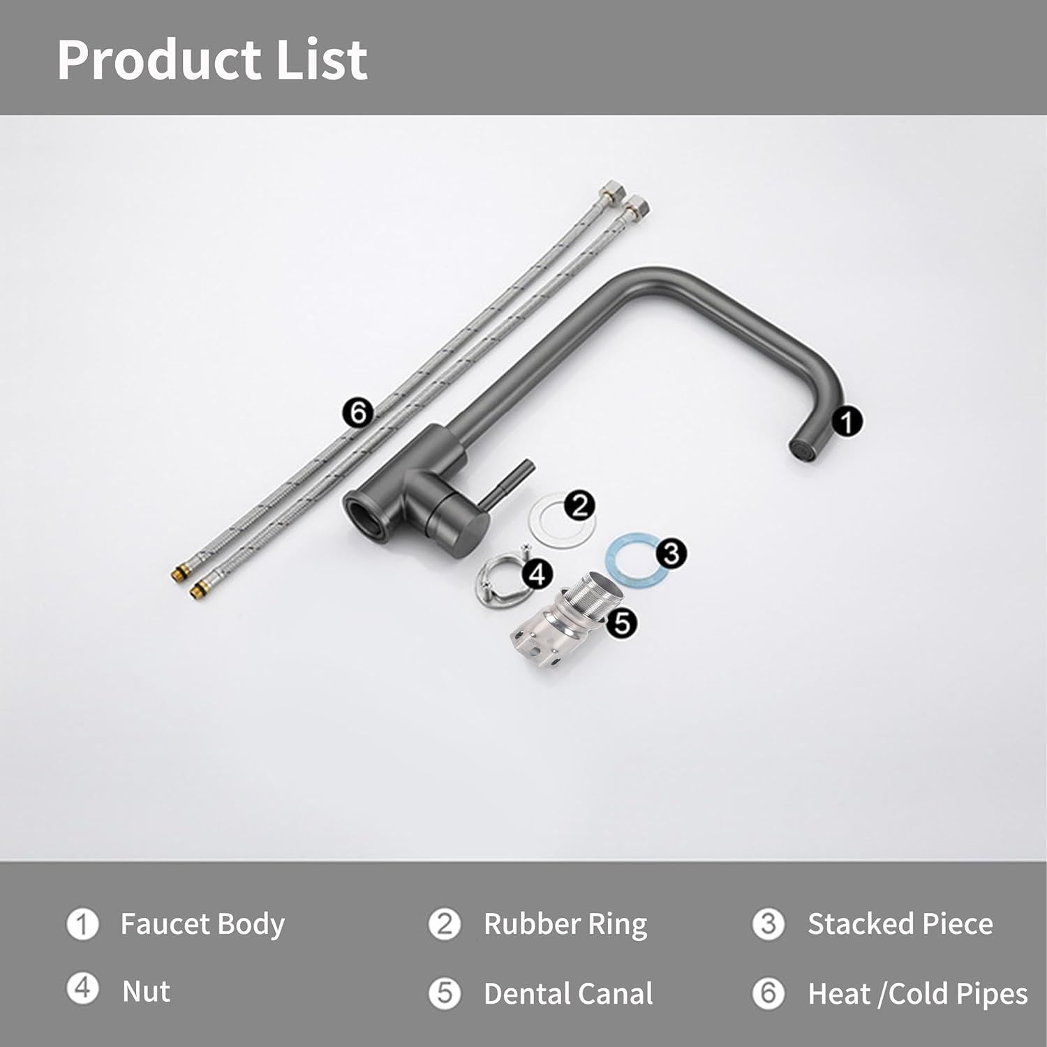 Pull-down kitchen faucet assembly diagram with sprayer hose and control handle
