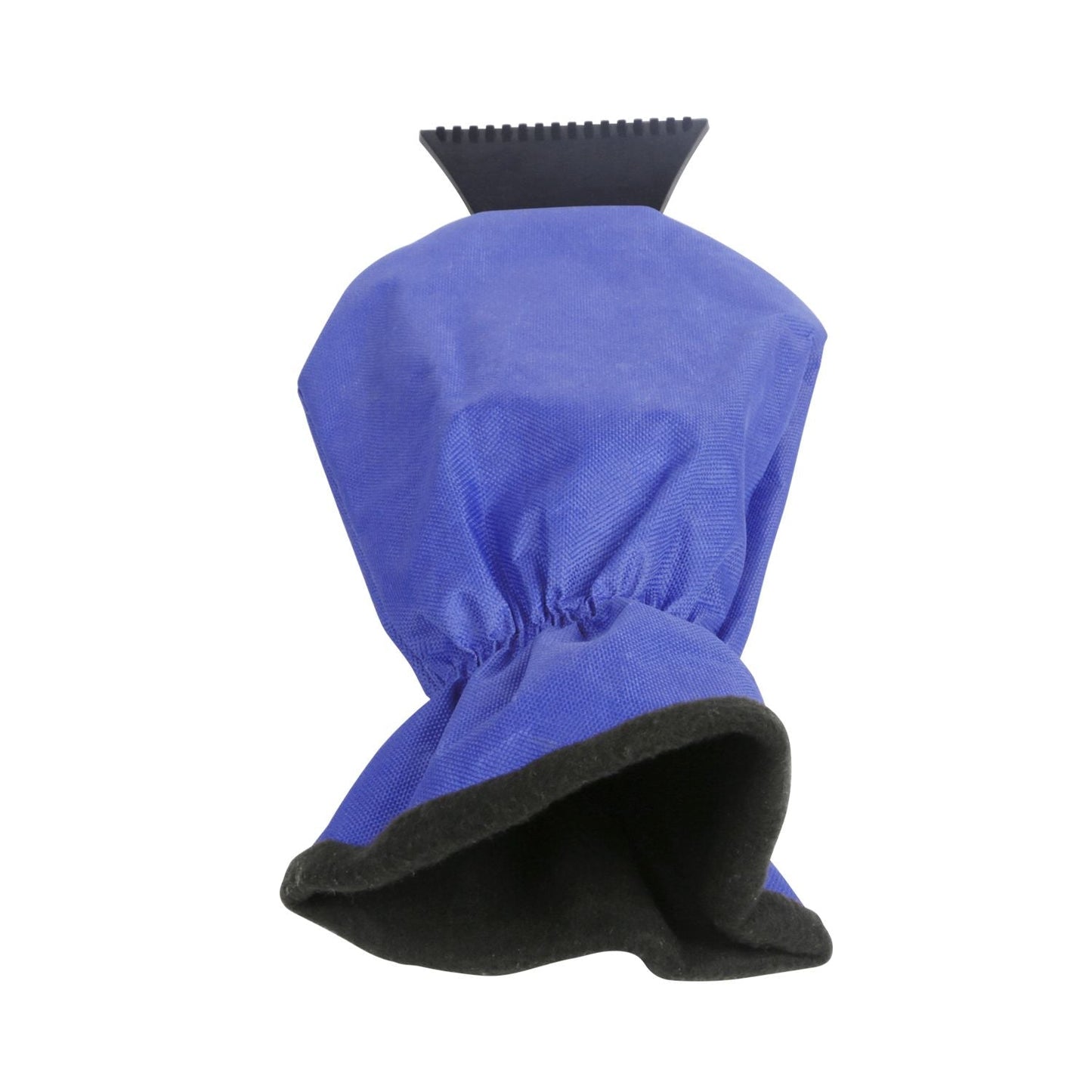 Blue ice scraper glove with black fleece lining and ridged rubber scraper
