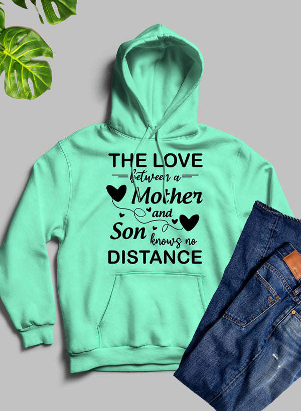 Turquoise hoodie with front pouch pocket and heart Mother and Son distance text