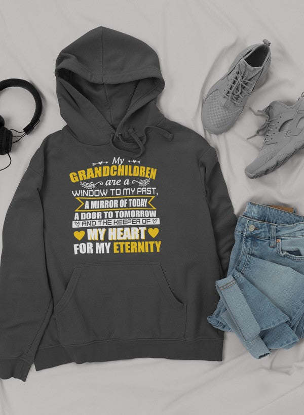 Dark grey heather hoodie with front text graphic, hood drawstrings, front pocket pouch.