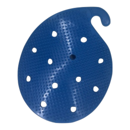Blue perforated silicone scrub sponge for cookware, round leaf shape.